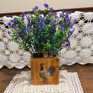 Rustic Wooden Rooster Planter with Purple and Green Accents